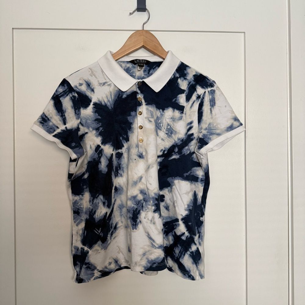 Lauren Ralph Lauren Black Label Polo Shier Women Sz XL Blue Short Sleeve Tie Dye